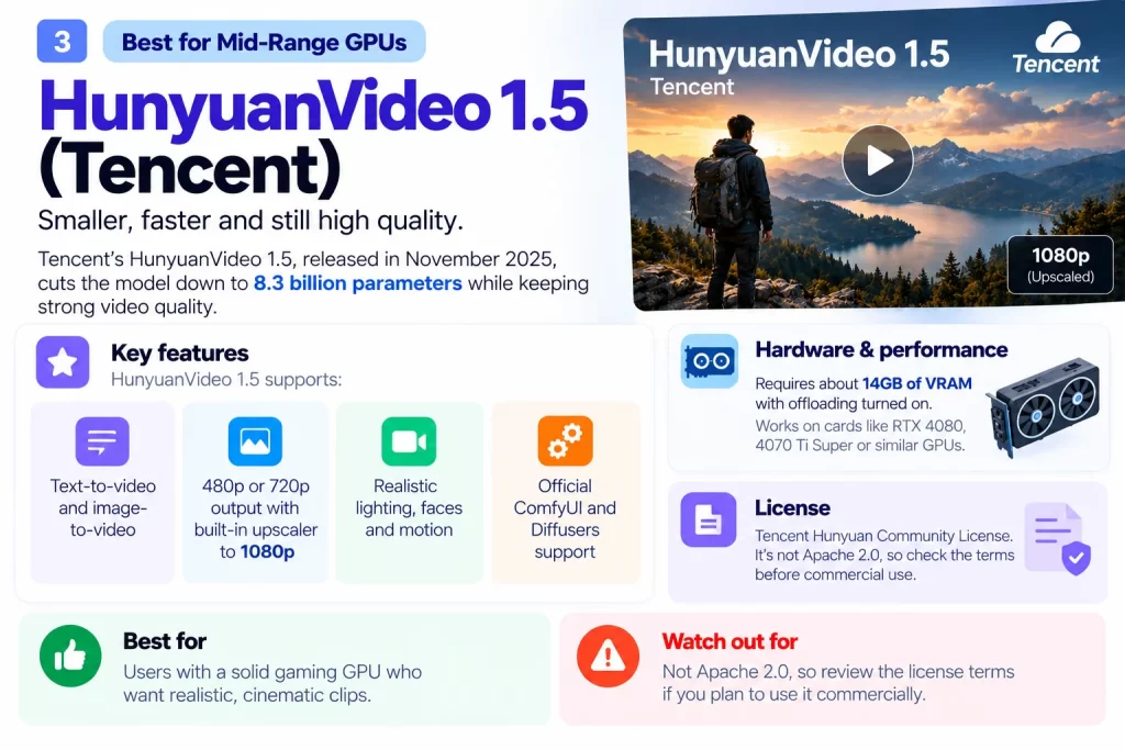 HunyuanVideo 1.5 (Tencent) Best for Mid-Range GPUs