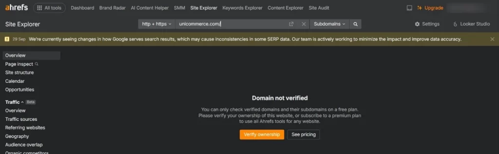 Checking any site you haven't verified shows this screen on the free plan.