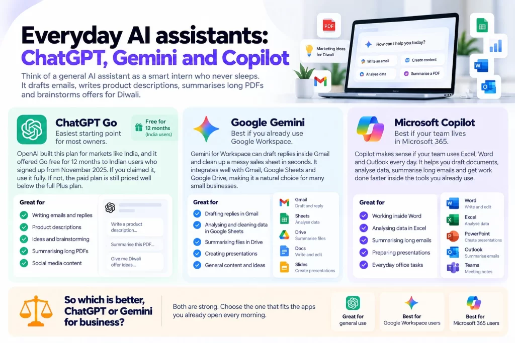 Everyday AI assistants ChatGPT, Gemini and Copilot